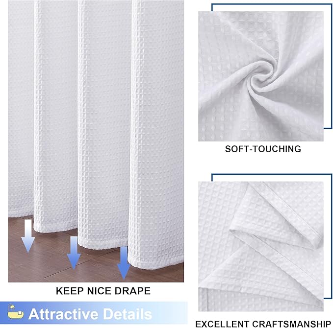 OVZME White Shower Curtain Set, Waffle Textured Heavy Duty Fabric Thick Shower Curtain for Bathroom, 230GSM Luxury Weighted Bath Curtain with 12 Plastic Hooks, 72x72, White