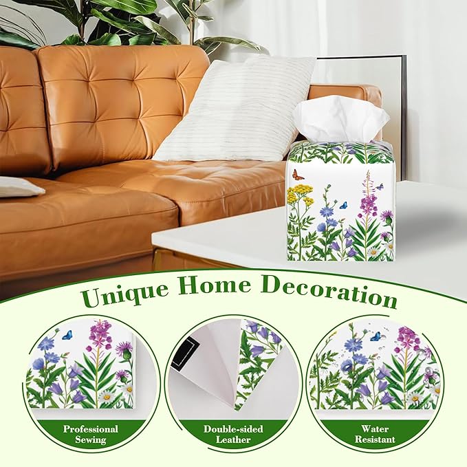 Colorful Flowers and Butterfly Tissue Box Cover,Wildflower Floral Waterproof Leather Square Tissue Box Cover Case Facial Paper Organizer Dispenser Box Holder for Home Office Bathroom Vanity Countertop