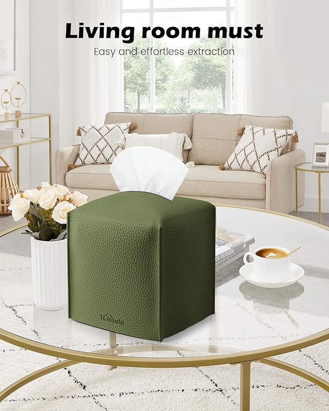 Tclouda Tissue Box Cover for PU Leather, Modern Simple Solid Color Holder Square Tissue Bag, Ideal for Bathrooms,Office,Car,Nightstand,Outdoor Tent,Dining Table,5"X5"X5", Double Green