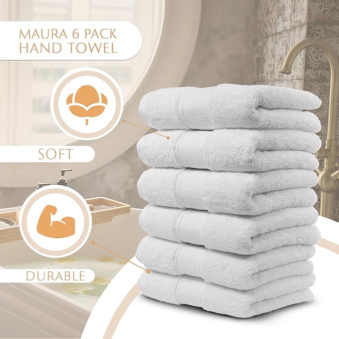 MAURA White Hand Towels for Bathroom. Luxury Turkish Cotton Bath Hand Towels Set of 6. Ultra-Soft, Thick & Plush - White