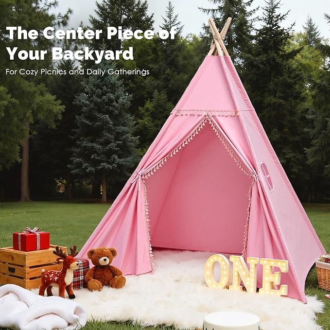 Sumbababy Large Teepee Tent for Kids Indoor - Cotton Canvas Slumber Play Tents for Adults - Foldable Sleepover Tents for Girls Boys Party Gift Toy, Pink