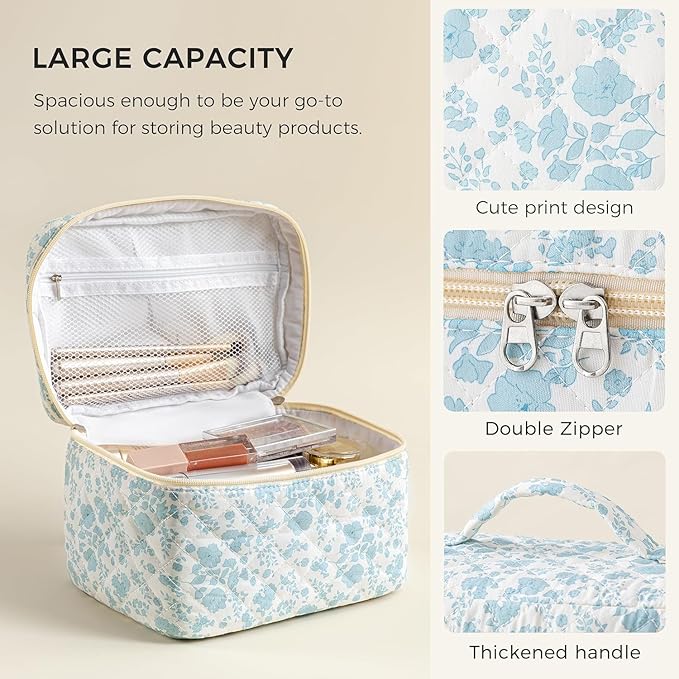 HBselect Christmas Gifts Large Quilted Makeup Bag, Cute Cotton Travel Makeup Bag with Handle, Portable Coquette Floral Make up Bags, Toiletry Organizer Make up Bags for Women Teen Girls Mom