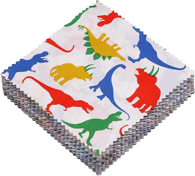 Hanjunzhao 84Pcs Dinosaur Cotton Fabric Squares 5x5, Charm Packs for Quilting 5 inch, Precuts 5x5 Quilt Squares for Quilting, Sewing, Baby Boy Blanket, Home Decor, and Crafts, Cartoon Dinosaurs