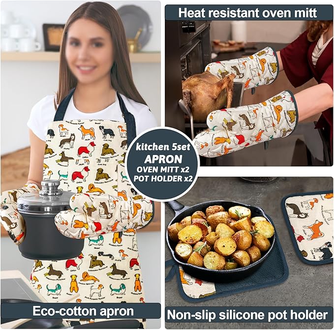 Oven Mitts and Pot Holders with Chef Apron,Set of 5 Heat Resistant Kitchen Gloves and Silicone Non-Slip Potholders Adjustable Neck Buckle Chef Apron, Cotton Nice Design for Cooking (Dog)