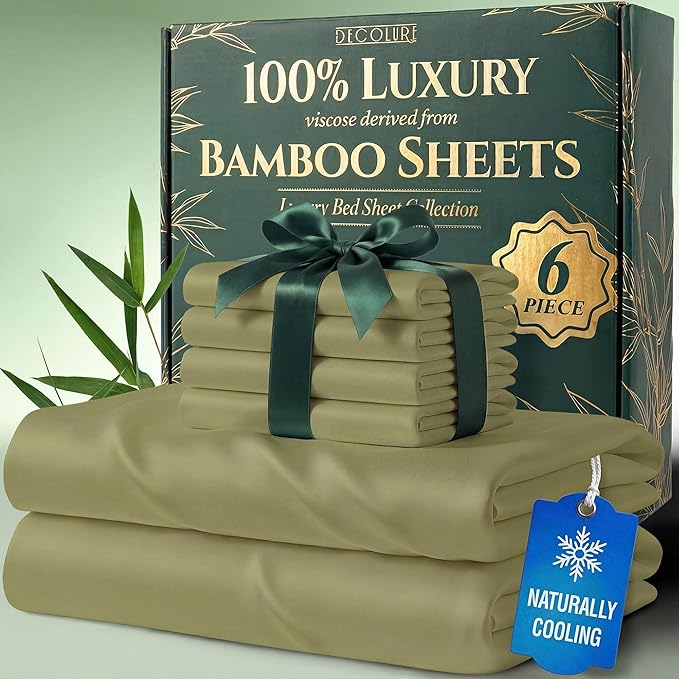 DECOLURE 100% Viscose Derived from Bamboo Sheets King Size - Luxury 6 Pc Naturally Cooling Sheets, Ultra Soft Bed Set - Deep 17" Pockets, Durable Double Stitching, Oeko Tex Standard (Light Olive)