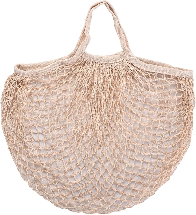 Eslazoer [2 pack] completely Cotton string storage shopping bags, Ecology Reusable and washable mesh grocery bag, Portable short handle net tote beige