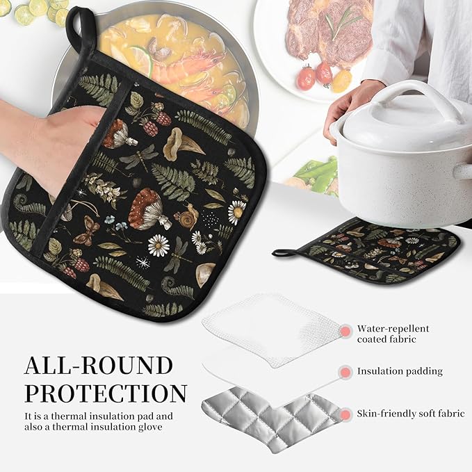 Pot Holders for Kitchen, Heat Resistance Hot Pads, Cute Potholder with Pocket for Kitchen Cooking Baking 2 Packs, Cute Mushroom