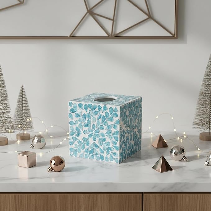PEMAR Handcrafted Wooden Tissue Box Cover for Small Cube Tissue Boxes Only (Max Inner Size 4.7”) – Capiz Shell Inlay Decorative Tissue Holder for Bathroom, Living Room & Office (Teal Vines)