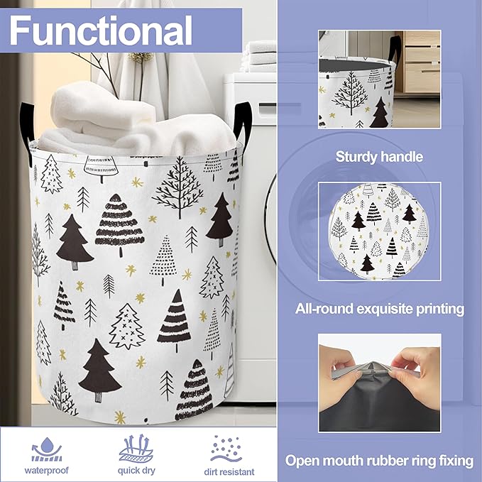 Black White Christmas Tree Laundry Basket-Large Foldable Hamper Holder Portable Tall Collapsible Laundry Hamper Storage Basket Bin with Handles, Canvas & Waterproof lining for Household Items