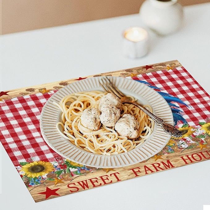 Farm Rooster Placemats, Vintage Rustic Farmhouse Lattice Sunflower Flower Chicken Animal Print Washable Fabric Placemats Table Kitchen Dining Party 12x18 Inch Set of 4