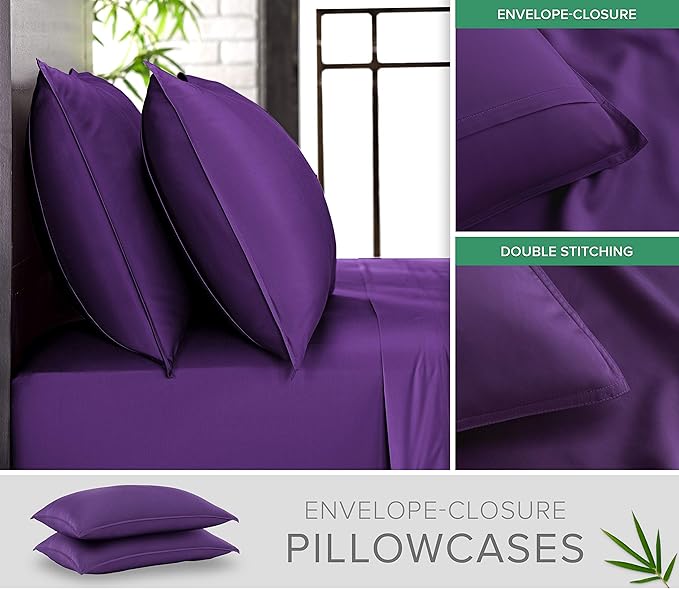 Pure Bamboo Full Sheets, Genuine 100% Organic Viscose Derived from Bamboo Bed Sheet Set, Luxuriously Soft & Cooling, Double Stitching, 2 Year Quality Promise (Full, Purple)