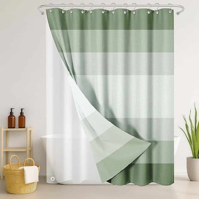 Nesphy Shower Curtain and Liner, Ombre Green Striped 3 in 1 Shower Curtain and PEVA Liner Set with 12 Rust-Resistant Metal Hooks, Waterproof Fabric Shower Curtains for Bathroom, 72 W x 72 H