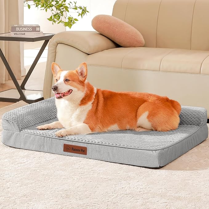 Rainmr Orthopedic Dog Beds for Large Dogs, Memory Foam Dog Beds Large Sized Dogs, Washable Removable Cover, Nonskid Bottom, Waterproof, for Indoor, Outdoor, Crate ＆ Car Use, 36x27x6 Inches, Light Grey