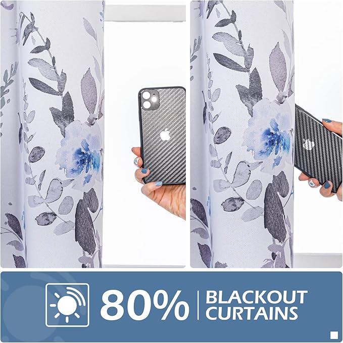 MYSKY HOME Living Room Curtains 95 Inch Long Floral Blackout Curtains Bedroom Thermal Insulated Blue Floral Curtains for Dining Room Vintage Flower Leaf Window Drapes Grommet, 2 Panels, Blue and Grey