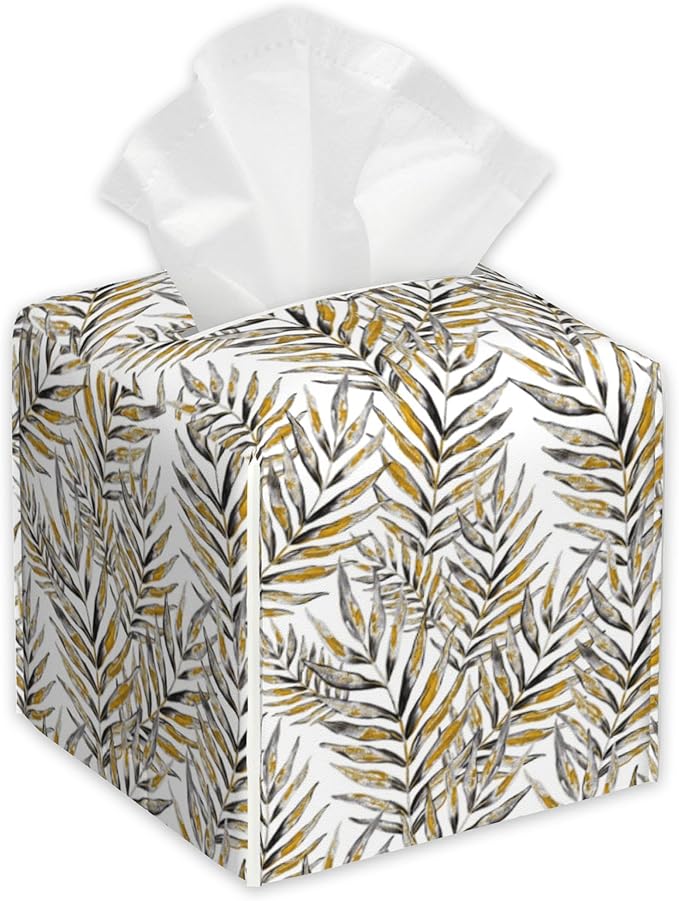 Exotic Palm Leaves Tissue Box Cover,PU Leather Tissue Box Holder Square,Modern Home Decoration for Bathroom Living Room Kitchen Office Car,5.2"×5.2"×5.2"