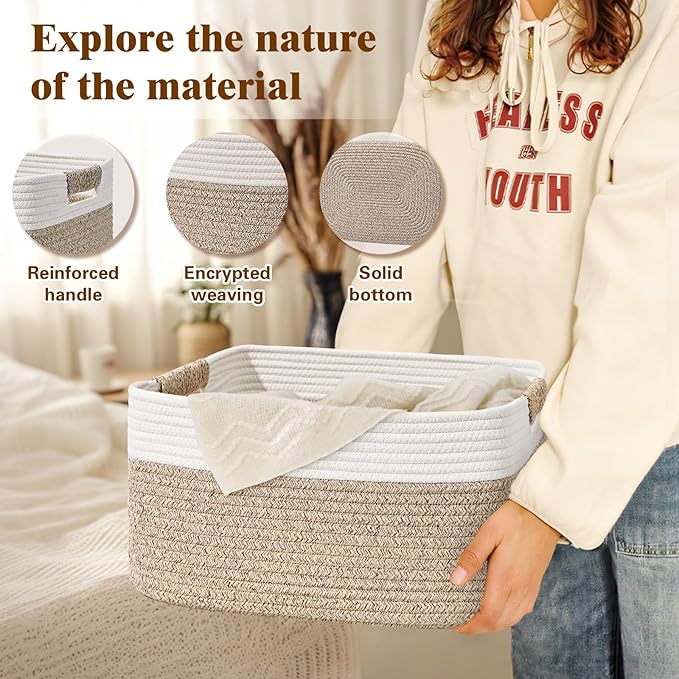 2 Pack Large Storage Basket for Organizing, 17.5"x13.5"x7.5" Woven Basket for Shelves, Closet Cube Storage Bins with Wrapped Handle, Cotton Rope Baskets for Kitchen, Clothes, Toys(Off White & Brown)