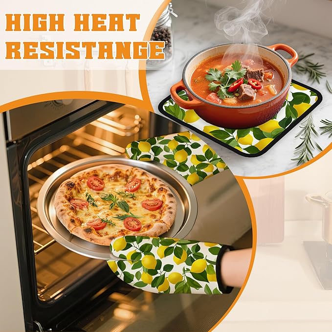 Lemon Oven Mitts and Pot Holders Set,Kitchen Decor Heat Resistant Non Slip Hot Pads and Oven Mitt for Chef Cooking Baking BBQ Mom Girl Gifts(4 Piece Set)