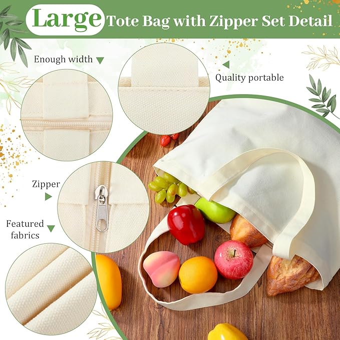 Silkfly 20 Pcs Extra Large Canvas Tote Bags Bulk 19.7x15.8'' Blank Cotton Canvas Bag with Zipper Handles Reusable Plain Grocery Makeup Handbag for DIY(Beige)