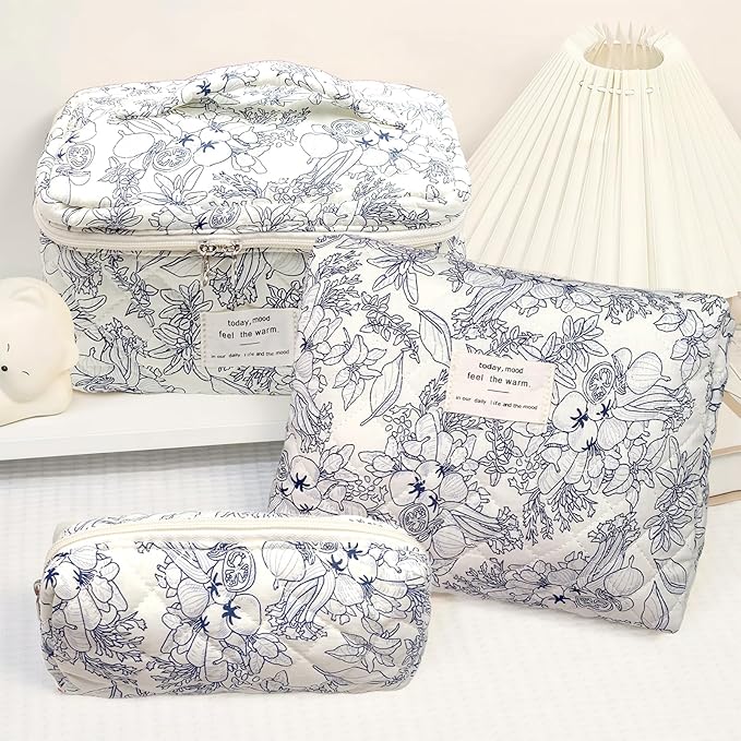 Cozomga Quilted Makeup Bag, Large Capacity Travel Cosmetic Bag for Women and Girls, Aesthetic Storage for Daily and Travel Use (3pcs-BlackFloral)