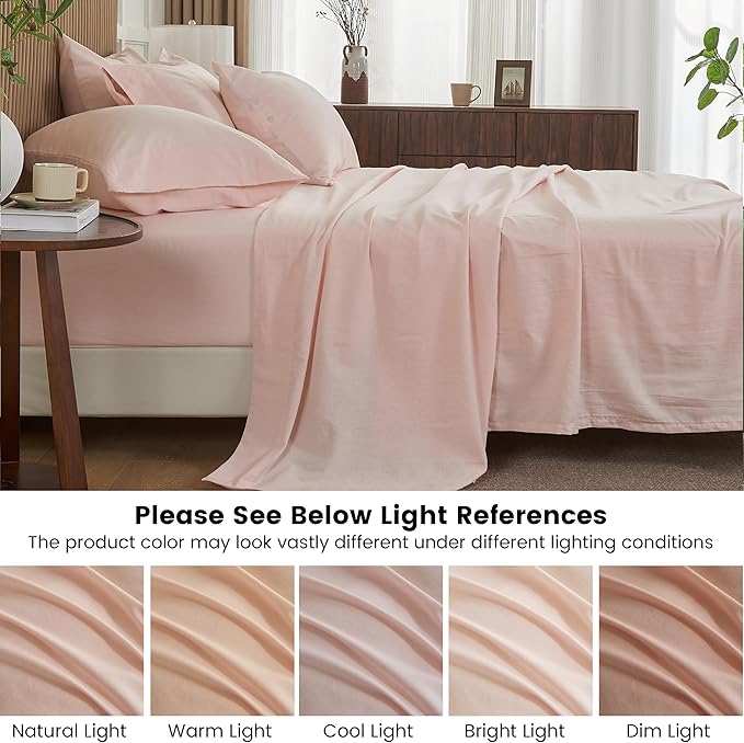Simple&Opulence Belgian Linen Sheet Set Solid Color - 6 Pieces (1 Flat Sheet & 1 Fitted Sheet & 4 Pillowcases) 16" Deep Pocket Natural Flax Cotton Blended Soft Bedding - Pale Pink, Queen Size