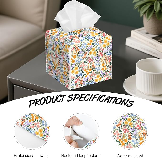 Spring Flowers Tissue Box Holder,Cube Tissue Box Cover Holder,Leather Facial Paper Organizer Dispenser Home for Bedroom Night Stands,Kitchen,Office and Car,5.2"×5.2"×5.2"
