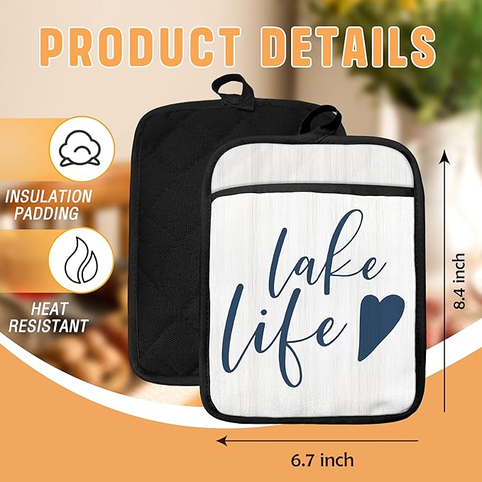Lake Life Gifts Pot Holders with Pockets, Lake Life House Gifts for Cabin Owners Women Oven Pot Holders Heat Resistant Oven Mitts Hot Pads for Kitchen Baking Cooking (White)