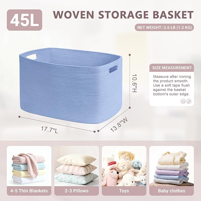 SunNewt 45L Small Baby Girls Laundry Basket for Nursery Storage,Cute Woven cotton Rope Baskets for Kids Toy，Gifts, Boho Square Wicker Blanket hamper for Living Room,Bedroom Dirty Clothes,Blue Purple