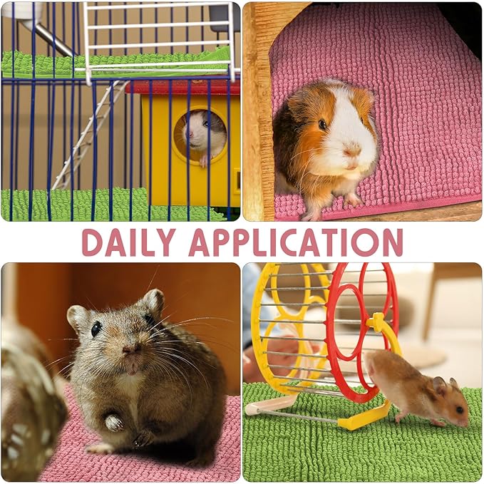 Amylove 4 Pcs Guinea Pig Cage Liner Guinea Pig Bedding Dog Door Mat for Muddy Pet Paws Washable Chenille Pee Pads Small Animal Sleeping Bed for Bunny Hamster(16 x 24 Inch,Rectangular,Green Pink)