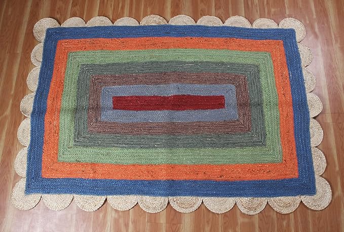 Scalloped Edge Rug, Hand Woven Natural Jute Area Rug, 11x11 Ft Square Beige & Multicolor Braided Kilim Rugs for Living Room, Kitchen, Entryway, Farmhouse