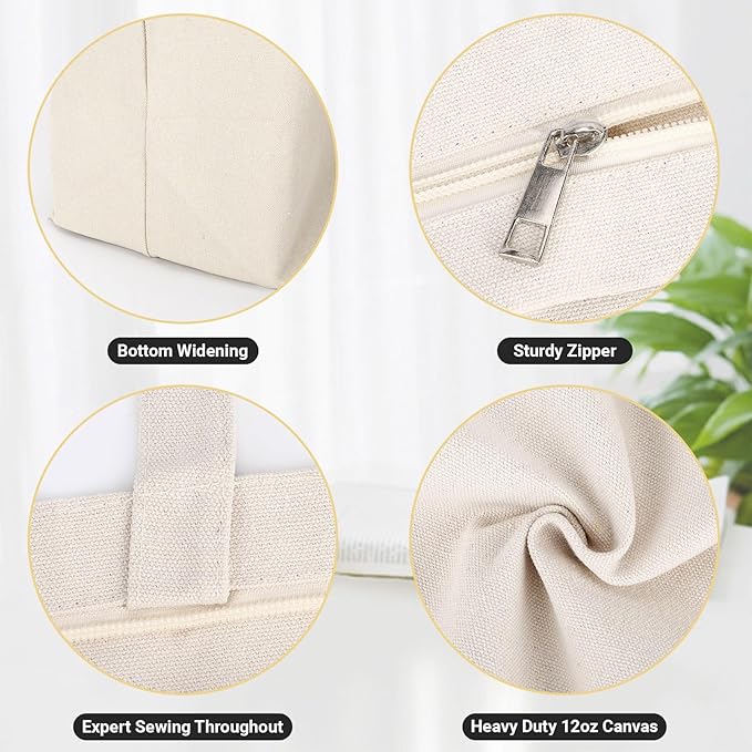 Segarty Blank Tote Canvas Bag with Zipper, 3pcs 19.7x15.7 inch Bags with Handles, 12oz Heavy Duty Reusable Washable Grocery Shopping Bags Plain Bags for Teacher DIY Art Craft Paint Embroidery