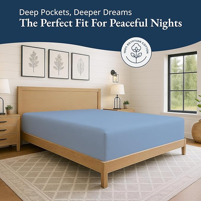 Lane Linen 100% Egyptian Cotton King Size Fitted Sheet Only (79"x81" + 16") - Elegant Sateen Weave, Ultra Soft, Breathable, Highly Durable, Deep Pockets Upto 17" - French Blue