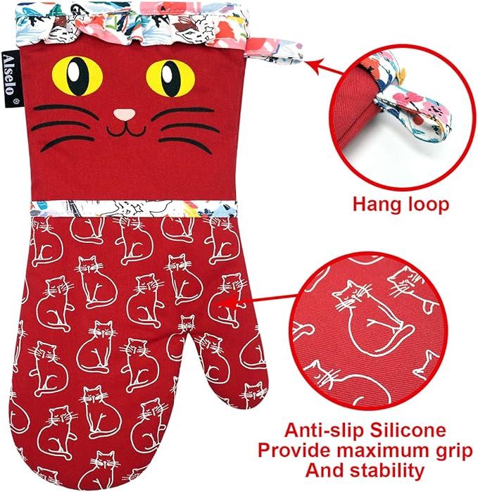 Oven Mitts, Heat Resistant with Soft Quilted Cotton Lining Set of 2, Fashion Animal Design with Silicone Printing Anti-Slip Kitchen Gloves for Safe Backing Cooking Barbecue (Red 2)