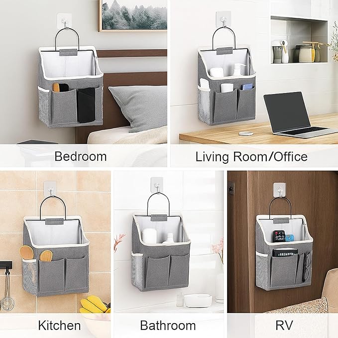 Pafeooui 3pcs Wall Hanging Organizer Bag, Linen Fabric Door Hanging Storage Basket with Pockets, Waterproof Bin for Kitchen Bedroom Bathroom Office RV Camper, Gray