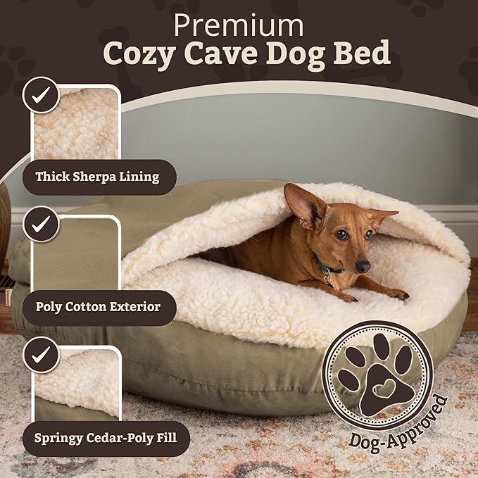 Snoozer Cozy Cave Dog Bed - Indoor Dog Bed with Cover Cave, Covered Calming Burrow for Medium & Large Sized Pets with Blanket Attached, Enclosed, Removable Washable Cover - Small, Khaki