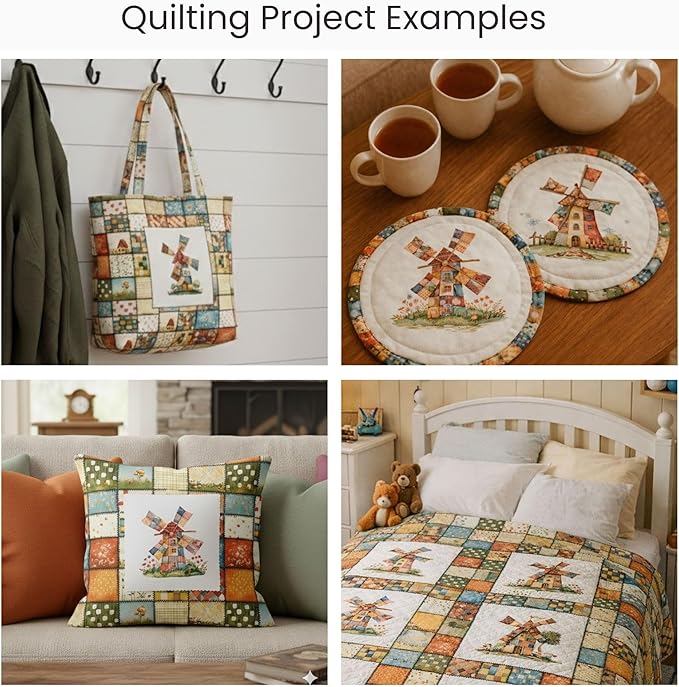 Patchwork Fabric Panel with Windmill Designs – 100% Cotton Satin, 6 Printed Panels 9.8”×9.8” + Patchwork Sheet 29.5”×19.7”, Single Continuous Cloth for Quilting & Sewing