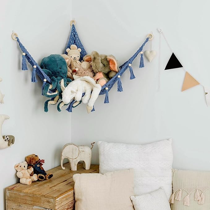 Sasa Baby and Toddler Macrame Toy Hammock for Stuffed Animals - Toy Hammock Net for Stuffed Animals Corner, Blue Nursery Decor, Plush Hammock, Hanging Stuffed Animal Organizer, Deep Sea Blue