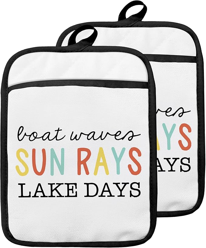 Lake Gifts Pot Holders with Pockets, Lake House Life Gifts for Women, Boat Waves Sun Rays Oven Pot Holders Heat Resistant Oven Mitts Hot Pads for Kitchen Baking Cooking