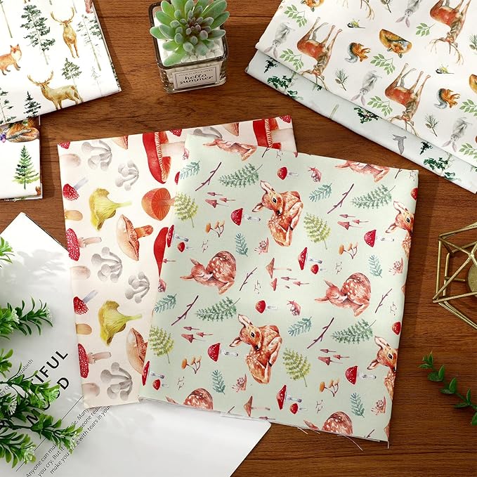 JarThenaAMCS 6Pcs Woodland Cotton Fabric Bundles Watercolor Forest Fat Quarters Bear Deer Mushroom Tree Quilting Patchwork for DIY Sewing Craft Decor, 18 x 22 Inch