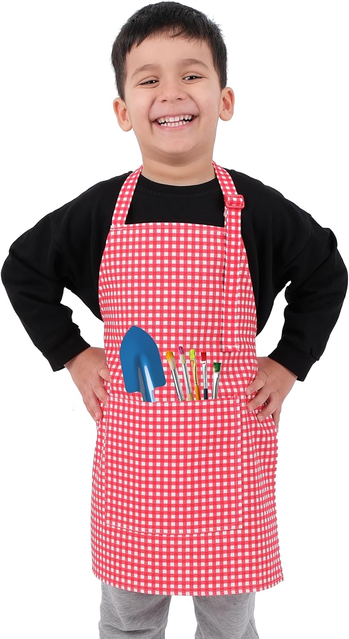 Kids Aprons for Cooking Waterdrop Resistant Aprons for Girl & Boy Toddler Apron for Painting, Gardening, Baking, Smock (Plaid Red, Small (3-5 years))