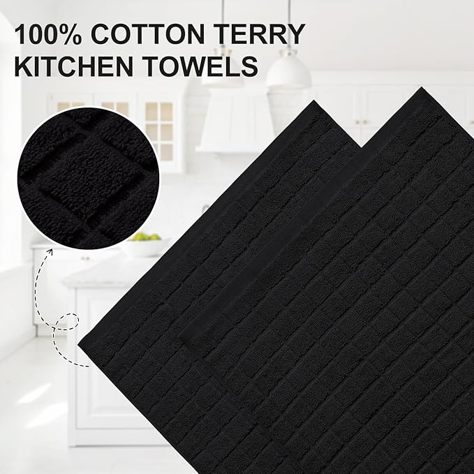 Homaxy Premium Cotton Kitchen Towels 16"x 28", Large Natural Ring Spun 390 GSM Dish Towels, Super Absorbent Terry Kitchen Hand Towels, Soft Tea Towels with Hanging Loop, Pure Black Design, 6 Pack