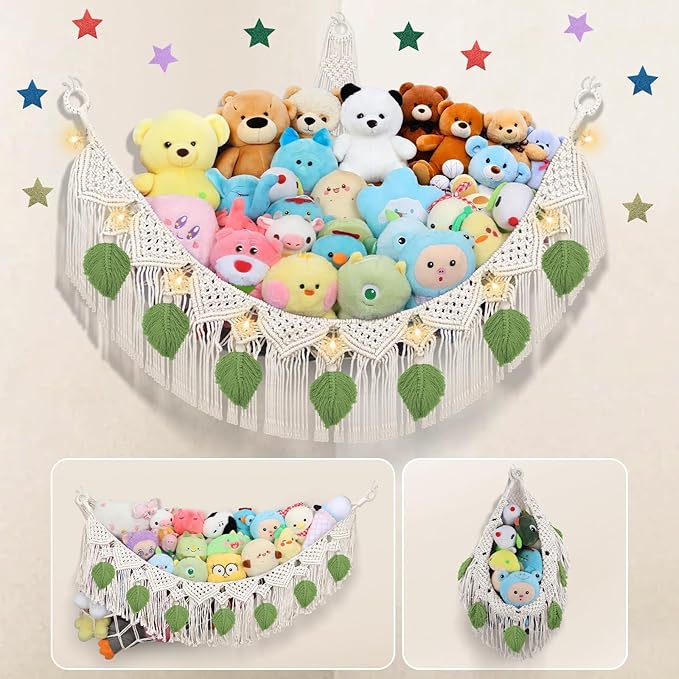iHansee Stuffed Animal Storage Hammock Corner w/LED Star Light, 56'' Jumbo Boho Tassel Leaf Hanging Stuffed Animal Net Holder, Cream Toy Hammock Plushie Net for Kid Girls Boys Gift Nursery Decor