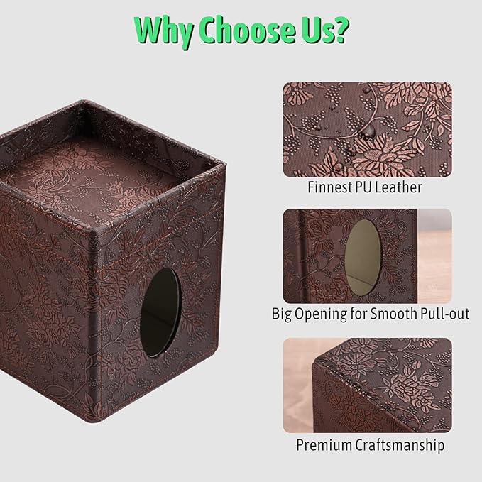 Lorteme Tissue Box Cover, PU Leather Square Tissue Box Holder with Upper Storage Tray for Bathroom/Countertop/Nightstand/Office Table - Antique