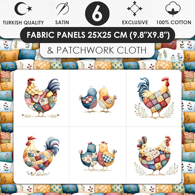 Farmhouse Chicken Patchwork Cotton Fabric Panel – 6 Designs (10×10 inch Each) + Bonus Patchwork Sheet 29.5×19.6 inch, 100% Cotton 140 GSM
