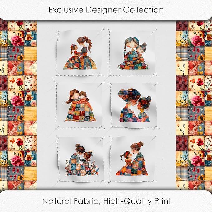 Patchwork Mother & Daughter Cotton Fabric Panel – 6 Designs (10×10 inch Each) + Bonus Sheet 29.5×19.6 inch, 100% Cotton 140 GSM, Made in Türkiye