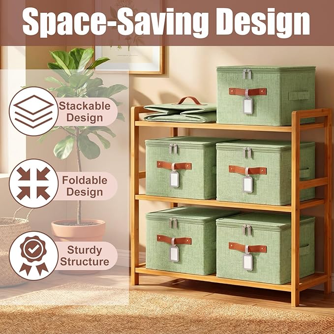 Fiwochic 6 Pack Fabric Storage Bins with Lids and Label, 10×8×7Inch Foldable Cotton Linen Cute Storage Boxes with PU Leather Handles for Closet, Bedroom, Shelf, Nursery, Green