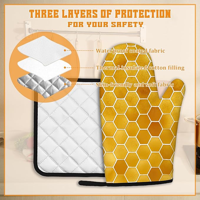 Honeycomb Oven Mitts and Pot Holders Set,Bee Kitchen Decor Heat Resistant Non Slip Hot Pads and Oven Mitt for Chef Cooking Baking BBQ Mom Girl Gifts(4 Piece Set)