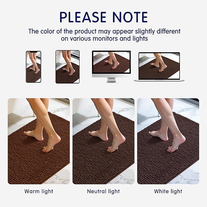 SUBRTEX Bathroom Rugs Chenille Bath Rug Soft Short Plush Bath Mat Soft Shower Mat Water Absorbent Shower Mat Quick Dry Machine Washable(Chocolate,16" x 24")