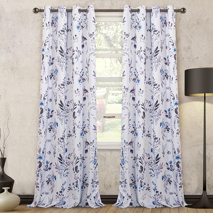 MYSKY HOME Living Room Curtains 95 Inch Long Floral Blackout Curtains Bedroom Thermal Insulated Blue Floral Curtains for Dining Room Vintage Flower Leaf Window Drapes Grommet, 2 Panels, Blue and Grey