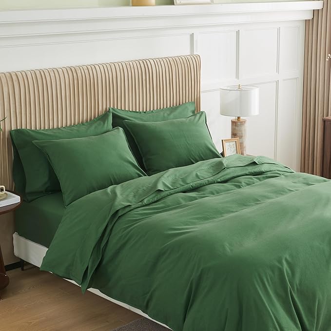 Simple&Opulence Belgian Linen Sheet Set Solid Color - 6 Pieces (1 Flat Sheet & 1 Fitted Sheet & 4 Pillowcases) 16" Deep Pocket Natural Flax Cotton Blended Soft Bedding - Forest Green, Queen Size