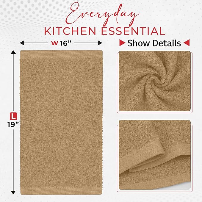 RIVERSIDE Bar Mop Towels Pack of 12, 16x19 Inches, 100% Ring Spun Cotton Terry Cloth Kitchen Towel, Highly Absorbent & Reusable Multipurpose Cleaning Rags for Bathroom, Hotel, Restaurant, Tan